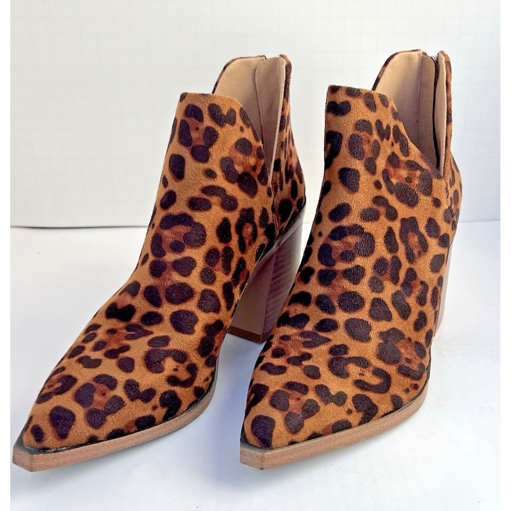 Women's Leopard Print Ankle Boots Chunky Heel Pointed Toe Western Style Size 7
